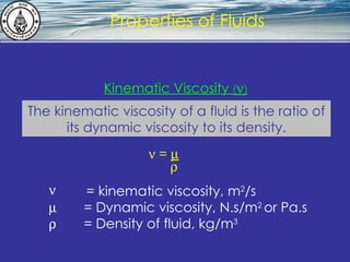What is hydrostatics? Properties of Fluids The kinematic viscosity of a fluid is the ratio of its dynamic viscosity to its density. Kinematic Viscosity  (  ) = kinematic viscosity, m 2 /s    = Dynamic viscosity, N.s/m 2  or Pa.s    = Density of fluid, kg/m 3    =    