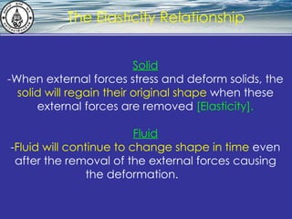 What is hydrostatics? The Elasticity Relationship Solid -When external forces stress and deform solids, the  solid will regain their original shape  when these external forces are removed  [Elasticity]. Fluid - Fluid will continue to change shape in time  even after the removal of the external forces causing the deformation.   