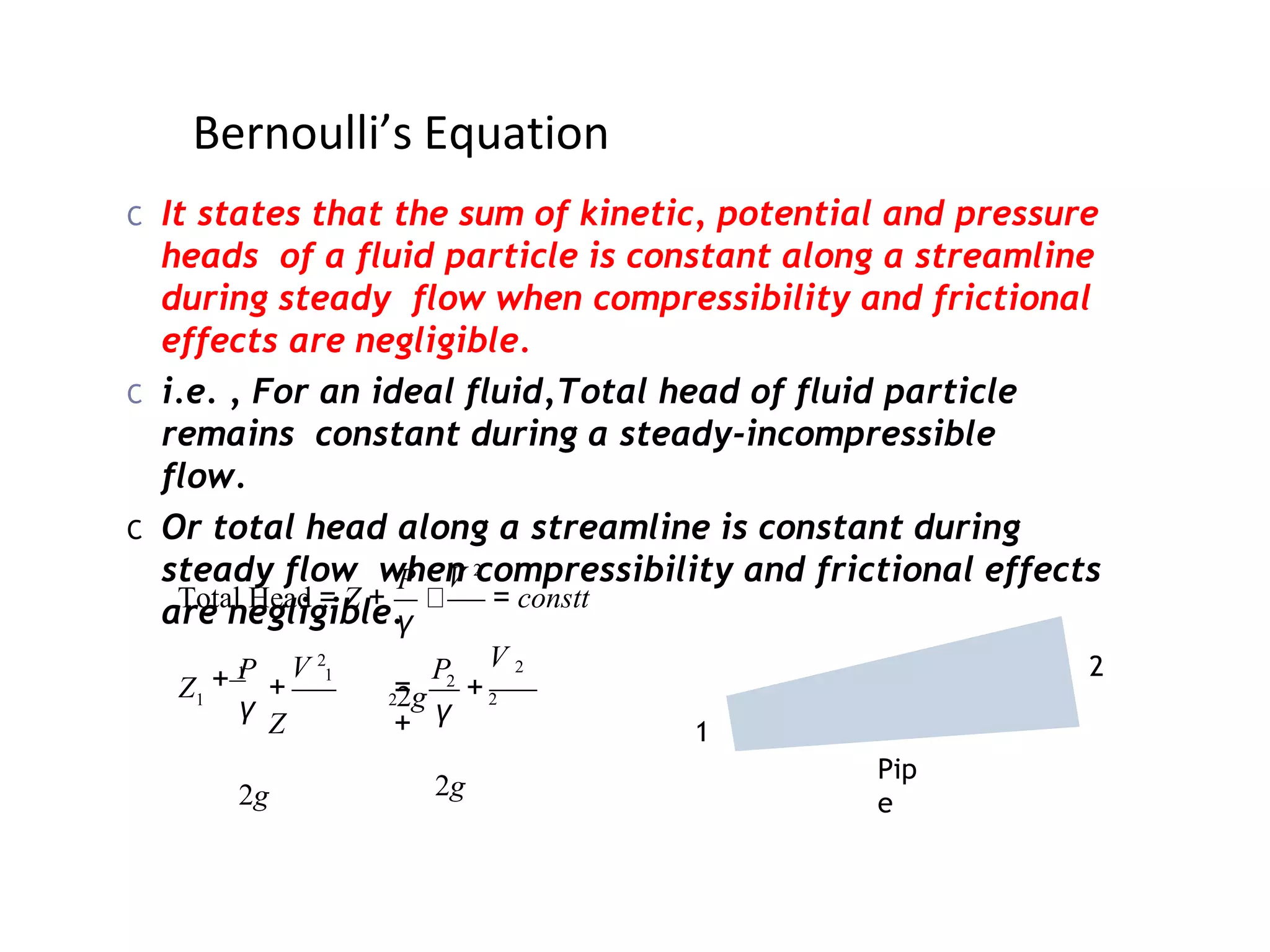 Bernoulli’s Equation
C It states that the sum of kinetic, potential and pressure
heads of a fluid particle is constant along a streamline
during steady flow when compressibility and frictional
effects are negligible.
C i.e. , For an ideal fluid,Total head of fluid particle
remains constant during a steady-incompressible
flow.
C Or total head along a streamline is constant during
steady flow when compressibility and frictional effects
are negligible.
2
2
1
1
V 2
2
P
V 2
P
Z
V 2
+
+ =
Z +
= constt
Total Head = Z +
γ
2g
+ 1
γ
2g
P
γ
2g
1
2
Pip
e
 