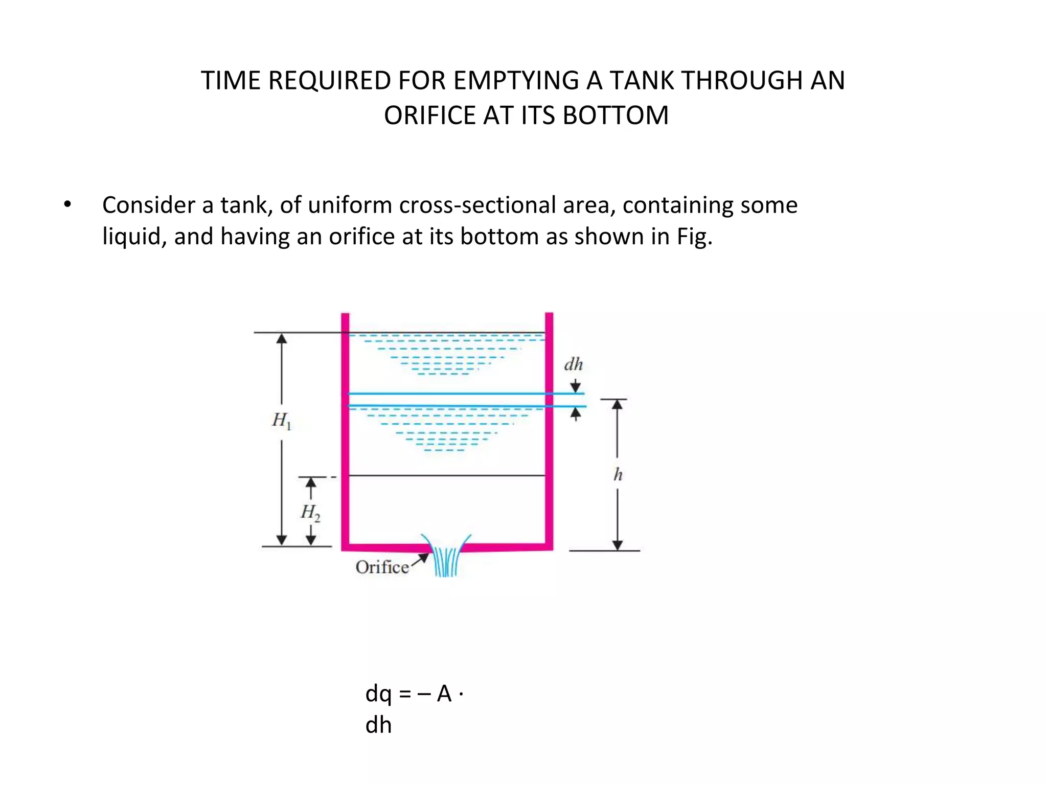 TIME REQUIRED FOR EMPTYING A TANK THROUGH AN
ORIFICE AT ITS BOTTOM
• Consider a tank, of uniform cross-sectional area, containing some
liquid, and having an orifice at its bottom as shown in Fig.
dq = – A ·
dh
 