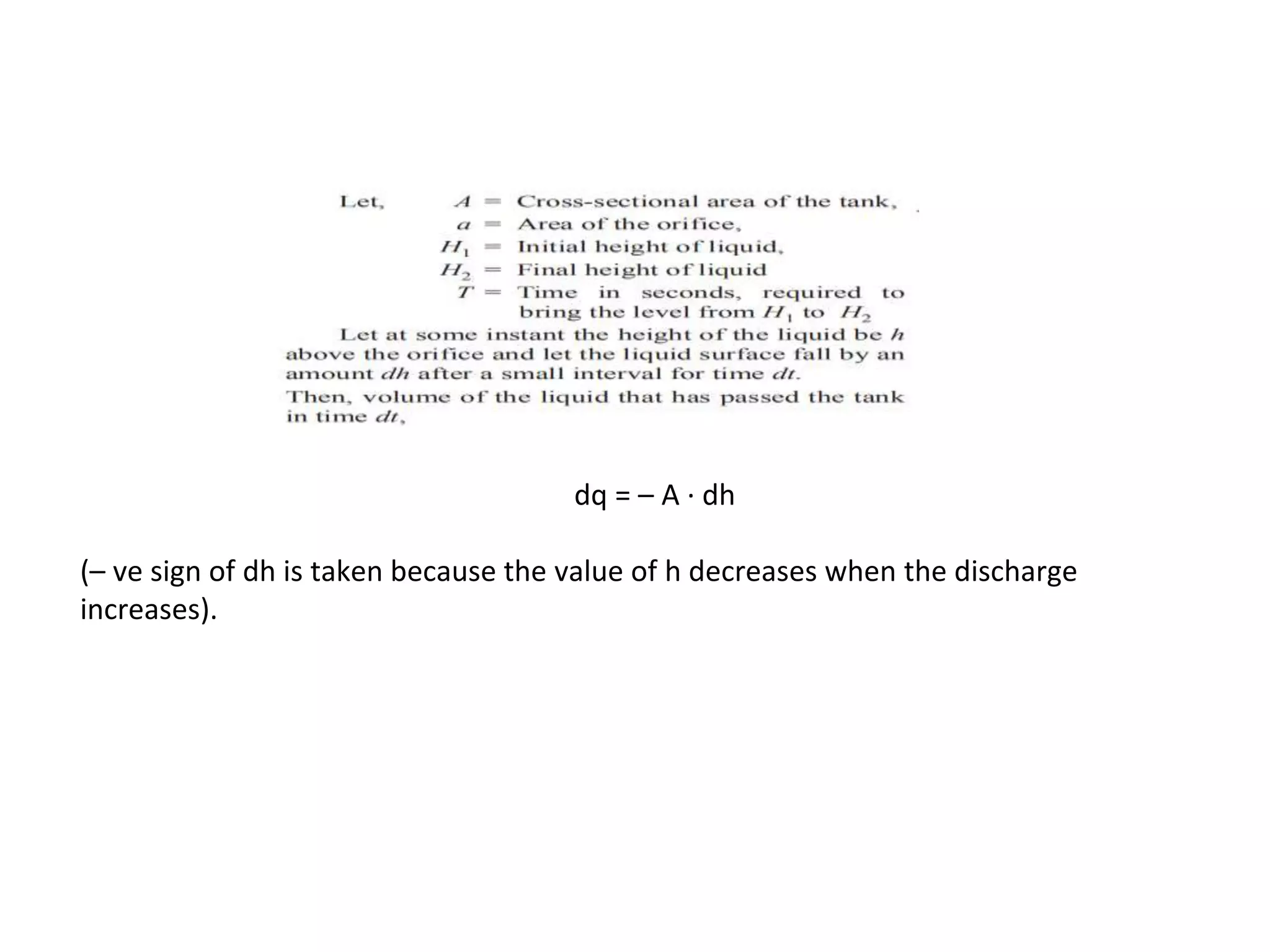 dq = – A · dh
(– ve sign of dh is taken because the value of h decreases when the discharge
increases).
 