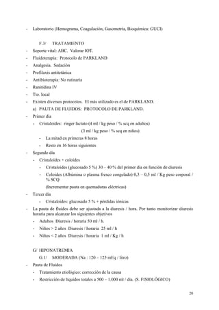 -   Laboratorio (Hemograma, Coagulación, Gasometría, Bioquímica: GUCI)


        F.3/     TRATAMIENTO
-   Soporte vital: ABC. Valorar IOT.
-   Fluidoterapia: Protocolo de PARKLAND
-   Analgesia. Sedación
-   Profilaxis antitetánica
-   Antibioterapia: No rutinaria
-   Ranitidina IV
-   Tto. local
-   Existen diversos protocolos. El más utilizado es el de PARKLAND.
    a) PAUTA DE FLUIDOS: PROTOCOLO DE PARKLAND.
-   Primer día
    -   Cristaloides: ringer lactato (4 ml / kg peso / % scq en adultos)
                                  (3 ml / kg peso / % scq en niños)
        -   La mitad en primeras 8 horas
        -   Resto en 16 horas siguientes
-   Segundo día
    -   Cristaloides + coloides
        -   Cristaloides (glucosado 5 %) 30 – 40 % del primer día en función de diuresis
        -   Coloides (Albúmina o plasma fresco congelado) 0,3 – 0,5 ml / Kg peso corporal /
            % SCQ
            (Incrementar pauta en quemaduras eléctricas)
-   Tercer día
        -   Cristaloides: glucosado 5 % + pérdidas iónicas
-   La pauta de fluidos debe ser ajustada a la diuresis / hora. Por tanto monitorizar diuresis
    horaria para alcanzar los siguientes objetivos
    -   Adultos Diuresis / horaria 50 ml / h.
    -   Niños > 2 años Diuresis / horaria 25 ml / h
    -   Niños < 2 años Diuresis / horaria 1 ml / Kg / h


    G/ HIPONATREMIA
        G.1/     MODERADA (Na : 120 – 125 mEq / litro)
-   Pauta de Fluidos
    -   Tratamiento etiológico: corrección de la causa
    -   Restricción de líquidos totales a 500 – 1.000 ml / día. (S. FISIOLÓGICO)


                                                                                           20
 