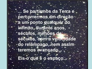 ... Se partirmos da Terra e
percorrermos em direção
a um ponto qualquer do
infinito, durante anos,
séculos, milhões de
séculos, com a velocidade
do relâmpago, nem assim
teremos avançado...
Eis o que é o espaço...
 