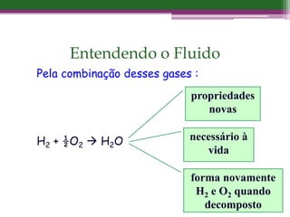 Entendendo o Fluido
Pela combinação desses gases :
H2 + ½O2  H2O
propriedades
novas
necessário à
vida
forma novamente
H2 e O2 quando
decomposto
 