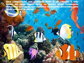 Uma comparação que podemos fazer é em ralação à vida
dentro da água. Assim como os peixes vivem totalmente
envolvidos pela água, nós vimemos totalmente envolvidos pelo
fluido cósmico universal
 