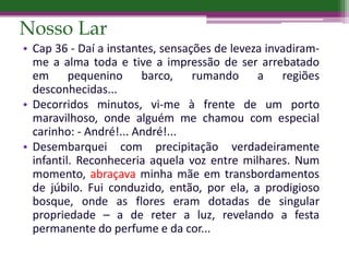 Nosso Lar
• Cap 36 - Daí a instantes, sensações de leveza invadiram-
me a alma toda e tive a impressão de ser arrebatado
em pequenino barco, rumando a regiões
desconhecidas...
• Decorridos minutos, vi-me à frente de um porto
maravilhoso, onde alguém me chamou com especial
carinho: - André!... André!...
• Desembarquei com precipitação verdadeiramente
infantil. Reconheceria aquela voz entre milhares. Num
momento, abraçava minha mãe em transbordamentos
de júbilo. Fui conduzido, então, por ela, a prodigioso
bosque, onde as flores eram dotadas de singular
propriedade – a de reter a luz, revelando a festa
permanente do perfume e da cor...
 