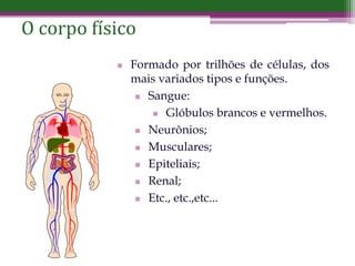 O corpo físico
 Formado por trilhões de células, dos
mais variados tipos e funções.
 Sangue:
 Glóbulos brancos e vermelhos.
 Neurônios;
 Musculares;
 Epiteliais;
 Renal;
 Etc., etc.,etc...
 