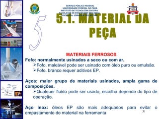  
                     SERVIÇO PÚBLICO FEDERAL
                  UNIVERSIDADE FEDERAL DO PARÁ
                INSTITUTO DE TECNOLOGIA DA UFPA




              5.1. MATERIAL DA
               FACULDADE DE ENGENHARIA MECÂNICA
                 DISCIPLINA: USINAGEM DOS METAIS




                    PEÇA
                   MATERIAIS FERROSOS
Fofo: normalmente usinados a seco ou com ar.
   Fofo. maleável pode ser usinado com óleo puro ou emulsão.
   Fofo. branco requer aditivos EP.

Aços: maior grupo de materiais usinados, ampla gama de
composições.
   Qualquer fluido pode ser usado, escolha depende do tipo de
   operação.

Aço inox: óleos EP são mais adequados para evitar o
                                            31
empastamento do material na ferramenta
 
