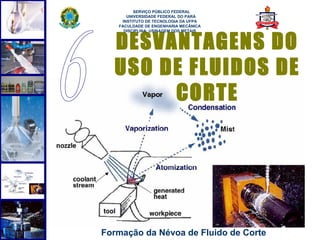 
         SERVIÇO PÚBLICO FEDERAL
      UNIVERSIDADE FEDERAL DO PARÁ
    INSTITUTO DE TECNOLOGIA DA UFPA
   FACULDADE DE ENGENHARIA MECÂNICA




  DESVANTAGENS DO
     DISCIPLINA: USINAGEM DOS METAIS




  USO DE FLUIDOS DE
       CORTE




                                       38
Formação da Névoa de Fluido de Corte
 