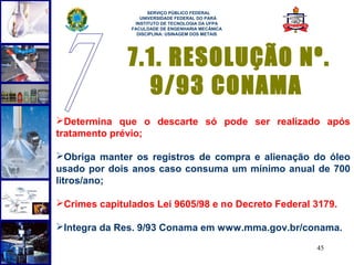  
                     SERVIÇO PÚBLICO FEDERAL
                  UNIVERSIDADE FEDERAL DO PARÁ
                INSTITUTO DE TECNOLOGIA DA UFPA
               FACULDADE DE ENGENHARIA MECÂNICA
                 DISCIPLINA: USINAGEM DOS METAIS




              7.1. RESOLUÇÃO Nº.
                9/93 CONAMA
Determina que o descarte só pode ser realizado após
tratamento prévio;

Obriga manter os registros de compra e alienação do óleo
usado por dois anos caso consuma um mínimo anual de 700
litros/ano;

Crimes capitulados Lei 9605/98 e no Decreto Federal 3179.

Integra da Res. 9/93 Conama em www.mma.gov.br/conama.

                                                     45
 