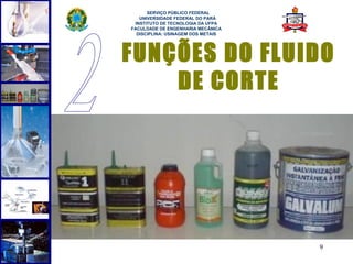  
      SERVIÇO PÚBLICO FEDERAL
   UNIVERSIDADE FEDERAL DO PARÁ
 INSTITUTO DE TECNOLOGIA DA UFPA
FACULDADE DE ENGENHARIA MECÂNICA
  DISCIPLINA: USINAGEM DOS METAIS




FUNÇÕES DO FLUIDO
    DE CORTE




                                    9
 