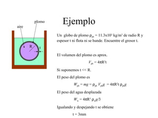 Ejemplo
R t
Un globo de plomo ρpb = 11.3x103
kg/m3
de radio R y
espesor t ni flota ni se hunde. Encuentre el grosor t.
El volumen del plomo es aprox.
Vpb = 4πR2
t
Si suponemos t << R.
El peso del plomo es
Wpb = mg = ρpb Vpbg = 4πR2
t ρpbg
El peso del agua desplazada
Ww = 4πR3
ρwg/3
Igualando y despejando t se obtiene
t = 3mm
aire
plomo
 