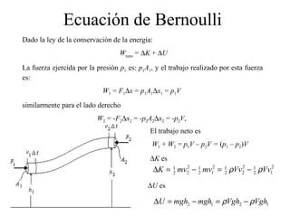 Ecuación de Bernoulli
Dado la ley de la conservación de la energía:
Wneto
= ∆K + ∆U
La fuerza ejercida por la presión p1 es: p1A1, y el trabajo realizado por esta fuerza
es:
W1 = F1∆x = p1A1∆x1 = p1V
similarmente para el lado derecho
W2 = -F2∆x2 = -p2A2∆x2 = -p2V,
El trabajo neto es
W1 + W2 = p1V – p2V = (p1 – p2)V
∆K es
2
12
12
22
12
12
12
22
1
VvVvmvmvK ρρ −=−=∆
∆U es
1212 VghVghmghmghU ρρ −=−=∆
 