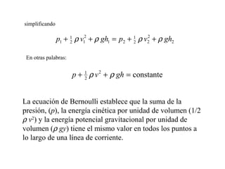 2
2
22
1
21
2
12
1
1 ghvpghvp ρρρρ ++=++
En otras palabras:
constante2
2
1
=++ ghvp ρρ
simplificando
La ecuación de Bernoulli establece que la suma de la
presión, (p), la energía cinética por unidad de volumen (1/2
ρ v2
) y la energía potencial gravitacional por unidad de
volumen (ρ gy) tiene el mismo valor en todos los puntos a
lo largo de una línea de corriente.
 