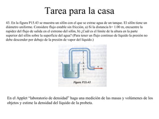 Tarea para la casa
43. En la figura P15.43 se muestra un sifón con el que se extrae agua de un tanque. El sifón tiene un
diámetro uniforme. Considere flujo estable sin fricción, a) Si la distancia h= 1.00 m, encuentre la
rapidez del flujo de salida en el extremo del sifón, b) ¿Cuál es el límite de la altura en la parte
superior del sifón sobre la superficie del agua? (Para tener un flujo continuo de líquido la presión no
debe descender por debajo de la presión de vapor del líquido.)
En el Applet “laboratorio de densidad” haga una medición de las masas y volúmenes de los
objetos y estime la densidad del líquido de la probeta.
 