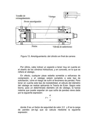 Figura 13. Amortiguamiento del cilindro en final de carrera
Por último, cabe indicar un aspecto a tener muy en cuenta en
el diseño de los cilindros hidráulicos, y en concreto, en lo que se
refiere al vástago.
En efecto, cualquier pieza esbelta sometida a esfuerzos de
compresión, y el vástago estará sometido a este tipo de
solicitación, corre el riesgo de sufrir el fenómeno de pandeo. Para
tener en cuenta este tipo de inestabilidad, el cálculo del diámetro
del vástago se realiza aplicando la Teoría de Euler. Según esta
teoría, para un determinado diámetro (d) de vástago, la fuerza
máxima que puede soportar sin que sufra de pandeo viene dada
por la siguiente expresión:
K
F =
S
donde S es un factor de seguridad de valor 3,5 y K es la carga
de pandeo (en kg) que se calcula mediante la siguiente
expresión:
 