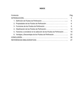 INDICE 
Contenido 
Pág. 
INTRODUCCIÓN……………………………………………………………………….. 
5 
1. Definición de Fluidos de Perforación…...…………………………………...... 
6 
2. Propiedades de los Fluidos de Perforación…………………………………. 
6 
3. Funciones de los Fluidos de Perforación…..………………………………… 
8 
4. Clasificación de los Fluidos de Perforación…….……………………………. 
12 
5. Factores a considerar en la selección de los Fluidos de Perforación….…. 
19 
6. Ventajas y Desventajas de los Fluidos de Perforación……………………... 
23 
CONCLUSIÓN……………………………………………………………………….….. 
26 
REFERENCIAS BIBLIOGRAFICAS…………………………………………………... 
27 
 