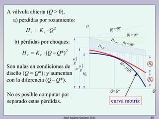 A válvula abierta (Q > 0), 
a) pérdidas por rozamiento: 
Hr 
José Agüera Soriano 2011 39 
H K Q2 r = r ⋅ 
b) pérdidas por choques: 
H K (Q Q*)2 c = c ⋅ − 
Son nulas en condiciones de 
diseño (Q = Q*); y aumentan 
con la diferencia (Q − Q*). 
No es posible computar por 
separado estas pérdidas. 
H 
2 
g 
u 2 
2 
· g u 2 
Ho 
Hc 
( )Q f = H 
Q=Q* Q 
H 
' > 2 90º 
Ht H 
8, 
, t z 
2' = 90º 
' < 2 90º 
curva motriz 
 