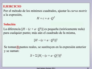 EJERCICIO 
Por el método de los mínimos cuadrados, ajustar la curva motriz 
a la expresión, 
H = c + a ⋅Q2 
La diferencia [H − (c + a · Q2)] es pequeña (teóricamente nula) 
para cualquier punto; más aún el cuadrado de la misma, 
[H − (c + a · Q2)]2 
Se toman n puntos reales, se sustituyen en la expresión anterior 
y se suman: 
S = Σ [Hi − (c + a · Qi 
2)]2 
José Agüera Soriano 2011 41 
Solución 
 
