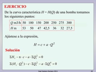 EJERCICIO 
De la curva característica H = H(Q) de una bomba tomamos 
los siguientes puntos: 
Q m3/h 50 100 150 200 250 275 300 
H m 53 50 47 42,5 36 32 27,5 
José Agüera Soriano 2011 43 
Ajústese a la expresión, 
H = c + a ⋅Q2 
Solución 
n 2 0 
ΣHi − ⋅ c − a ⋅ ΣQi = 
( ) 4 0 
i 
2 
i 
2 
Σ Hi ⋅Qi − c ⋅ ΣQ − a ⋅ ΣQ = 
 