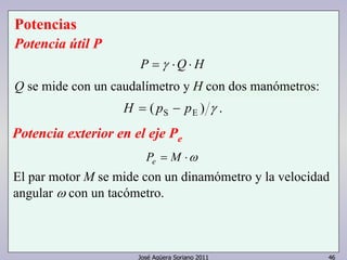 José Agüera Soriano 2011 46 
Potencias 
Potencia útil P 
P = γ ⋅Q⋅ H 
Q se mide con un caudalímetro y H con dos manómetros: 
H = ( pS − pE ) γ . 
Potencia exterior en el eje Pe 
Pe = M ⋅ω 
El par motor M se mide con un dinamómetro y la velocidad 
angular ω con un tacómetro. 
 