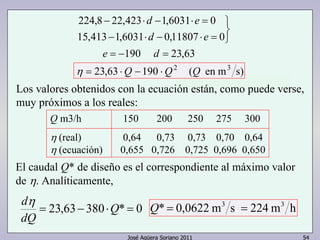 d e 
224,8 − 22,423 ⋅ − 1,6031 ⋅ = 
0 
d e 
15,413 − 1,6031 ⋅ − 0,11807 ⋅ = 
0 
e d 
190 23,63 
= − = 
   
η = 23,63 ⋅Q −190 ⋅Q2 (Q en m3 s) 
Los valores obtenidos con la ecuación están, como puede verse, 
muy próximos a los reales: 
Q m3/h 150 200 250 275 300 
η (real) 0,64 0,73 0,73 0,70 0,64 
η (ecuación) 0,655 0,726 0,725 0,696 0,650 
El caudal Q* de diseño es el correspondiente al máximo valor 
de η. Analíticamente, 
dη Q* = 0,0622 m3 s = 224 m3 h 
= 23,63− 380⋅Q* = 0 
José Agüera Soriano 2011 54 
dQ 
 