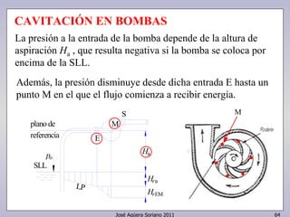 CAVITACIÓN EN BOMBAS 
La presión a la entrada de la bomba depende de la altura de 
aspiración Ha , que resulta negativa si la bomba se coloca por 
encima de la SLL. 
Además, la presión disminuye desde dicha entrada E hasta un 
punto M en el que el flujo comienza a recibir energía. 
Ha 
Hra 
José Agüera Soriano 2011 64 
plano de 
referencia 
HrEM 
LP 
po 
M 
S 
E 
SLL 
M 
 