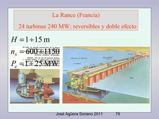 La Rance (Francia)
24 turbinas 240 MW; reversibles y doble efecto

H = 1 ÷ 15 m
ns = 600 ÷ 1150
Pe = 1 ÷ 25 MW

José Agüer...
