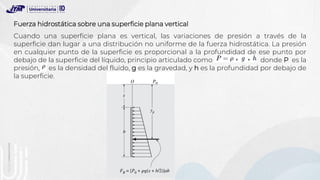 Fuerza hidrostática sobre una superficie plana vertical
Cuando una superficie plana es vertical, las variaciones de presión a través de la
superficie dan lugar a una distribución no uniforme de la fuerza hidrostática. La presión
en cualquier punto de la superficie es proporcional a la profundidad de ese punto por
debajo de la superficie del líquido, principio articulado como donde P es la
presión, es la densidad del fluido, g es la gravedad, y h es la profundidad por debajo de
la superficie.
 