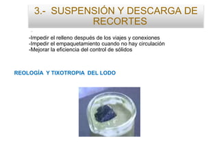 3.- SUSPENSIÓN Y DESCARGA DE
RECORTES
-
-Impedir el relleno después de los viajes y conexiones
-Impedir el empaquetamiento cuando no hay circulación
-Mejorar la eficiencia del control de sólidos
REOLOGÍA Y TIXOTROPIA DEL LODO
 