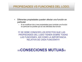 PROPIEDADES VS FUNCIONES DEL LODO.
• Diferentes propiedades pueden afectar una función en
particular
– Si se modifican dos o tres propiedades para controlar una función
en particular es posible que se vea afectada otra función
!!!! SE DEBE CONOCER LOS EFECTOS QUE LAS
PROPIEDADES DEL LODO TIENEN SOBRE TODAS
LAS FUNCIONES, ASÍ COMO LA IMPORTANCIA
RELATIVA DE CADA FUNCIÓN!!!!!!
!!!!CONSECIONES MUTUAS!!!
 