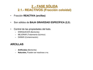 2 .- FASE SÓLIDA
2.1.- REACTIVOS (Fracción coloidal)
• Fracción REACTIVA (arcillas)
• Son sólidos de BAJA GRAVEDAD ESPECÍFICA (2,5).
• Control de las propiedades del lodo.
– ENRIQUECER (Bentonita)
– MEJORAR (Tratamiento Químico)
– DAÑAR (Contaminación)
ARCILLAS
– Artificiales (Bentonita)
– Naturales, Pueden ser reactivas o no.
 