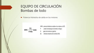 EQUIPO DE CIRCULACIÓN
Bombas de lodo
 Potencia Hidráulica de salida en los motores
 