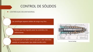 CONTROL DE SÓLIDOS
 CENTRIFUGAS DECANTADORAS.
Las centrífugas separan sólidos de rango muy fino.
Sólidos que han logrado pasar las zarandas y los
hidrociclones.
Compuesto por un tazón cónico que gira a alta velocidad,
usando un transportador tipo doble tornillo sinfín.
 