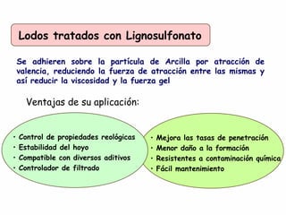 Lodos tratados con Lignosulfonato
Se adhieren sobre la partícula de Arcilla por atracción de
valencia, reduciendo la fuerza de atracción entre las mismas y
así reducir la viscosidad y la fuerza gel
Ventajas de su aplicación:
• Mejora las tasas de penetración
• Menor daño a la formación
• Resistentes a contaminación química
• Fácil mantenimiento
• Control de propiedades reológicas
• Estabilidad del hoyo
• Compatible con diversos aditivos
• Controlador de filtrado
 