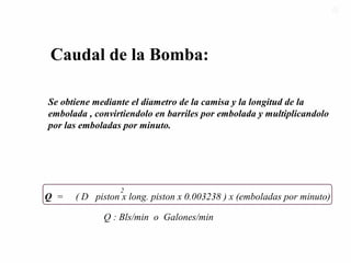 Caudal de la Bomba:
Se obtiene mediante el diametro de la camisa y la longitud de la
embolada , convirtiendolo en barriles por embolada y multiplicandolo
por las emboladas por minuto.
Q = ( D piston x long. piston x 0.003238 ) x (emboladas por minuto)
2
Q : Bls/min o Galones/min
5555
 