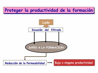Proteger la productividad de la formación
DAÑO A LA FORMACION
Invasión del filtrado
Reducción de la Permeabilidad
Lodo
Baja o ninguna productividad
 