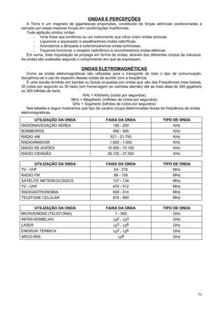 ONDAS E PERCEPÇÕES
A Terra é um magneto de gigantescas proporções, constituído de forças atômicas condicionadas e
cercado por essas mesmas forças em combinações multiformes.
Toda agitação produz ondas:
- Uma frase que emitimos ou um instrumento que vibra criam ondas sonoras;
- Liguemos o aquecedor e espalharemos ondas caloríficas;
- Acendamos a lâmpada e exteriorizaremos ondas luminosas;
- Façamos funcionar o receptor radiofônico e encontraremos ondas elétricas.
Em suma, toda inquietação se propaga em forma de ondas, através dos diferentes corpos da natureza.
As ondas são avaliadas segundo o comprimento em que se expressam.

ONDAS ELETROMAGNÉTICAS
Como as ondas eletromagnéticas são utilizadas para o transporte de todo o tipo de comunicação,
disciplinou-se o uso do espectro dessas ondas de acordo com a freqüência.
É uma escala dividida em bandas ou faixas ocupadas por ondas que vão das Frequências mais baixas,
30 ciclos por segundo ou 30 hertz (em homenagem ao cientista alemão) até as mais altas de 300 gigahertz
ou 300 bilhões de hertz.
KHz = Kilohertz (ciclos por segundos)
MHz = Megahertz (milhões de ciclos por segundos)
GHz = Gigahertz (bilhões de ciclos por segundos)
Nas tabelas a seguir mostramos que tipo de usuário ocupa determinadas faixas de freqüência de ondas
eletromagnéticas.
UTILIZAÇÃO DA ONDA
RADIONAVEGAÇÃO AÉREA
BOMBEIROS
RADIO AM
RADIOAMADOR
RADIO DE AVIÕES
RADIO CIDADÃO

FAIXA DA ONDA
190 - 200
490 - 495
521 - 21.750
1.800 - 1.850
10.005 - 10.100
26.100 - 27.500

TIPO DE ONDA
KHz
KHz
KHz
KHz
KHz
KHz

UTILIZAÇÃO DA ONDA
TV - VHF
RADIO FM
SATÉLITE METEREOLÓGICO
TV - UHF
RADIOASTRONOMIA
TELEFONE CELULAR

FAIXA DA ONDA
54 - 216
88 - 108
137 - 138
470 - 512
608 - 614
870 - 890

TIPO DE ONDA
MHz
MHz
MHz
MHz
MHz
MHz

UTILIZAÇÃO DA ONDA
MICROONDAS (TELEFONIA)

FAIXA DA ONDA
1 - 500
102 - 103

TIPO DE ONDA
GHz

103 - 106
103 - 104

GHz

106

GHz

INFRAVERMELHO
LASER
ENERGIA TÉRMICA
ARCO-ÍRIS

GHz
GHz

32

 