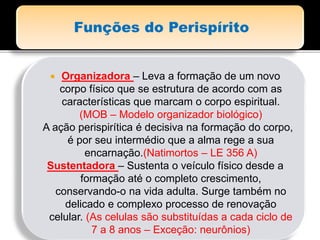  Organizadora – Leva a formação de um novo
corpo físico que se estrutura de acordo com as
características que marcam o corpo espiritual.
(MOB – Modelo organizador biológico)
A ação perispirítica é decisiva na formação do corpo,
é por seu intermédio que a alma rege a sua
encarnação.(Natimortos – LE 356 A)
Sustentadora – Sustenta o veículo físico desde a
formação até o completo crescimento,
conservando-o na vida adulta. Surge também no
delicado e complexo processo de renovação
celular. (As celulas são substituídas a cada ciclo de
7 a 8 anos – Exceção: neurônios)
 