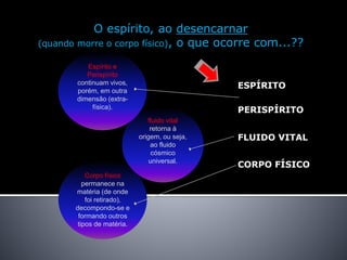 O espírito, ao desencarnar
(quando morre o corpo físico), o que ocorre com...??
Corpo físico
permanece na
matéria (de onde
foi retirado),
decompondo-se e
formando outros
tipos de matéria.
fluido vital
retorna à
origem, ou seja,
ao fluido
cósmico
universal.
Espírito e
Perispírito
continuam vivos,
porém, em outra
dimensão (extra-
física).
CORPO FÍSICO
ESPÍRITO
PERISPÍRITO
FLUIDO VITAL
 