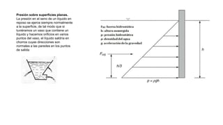 Presión sobre superficies planas.
La presión en el seno de un líquido en
reposo se ejerce siempre normalmente
a la superficie, de tal modo que si
tuviéramos un vaso que contiene un
líquido y hacemos orificios en varios
puntos del vaso, el líquido saldría en
chorros cuyas direcciones son
normales a las paredes en los puntos
de salida
 