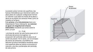 La presión actúa normal a la superficie y las
fuerzas hidrostáticas que intervienen sobre una
placa plana de cualquier configuración forman
un volumen cuya base es el área de la placa y
altura es la presión de variación lineal; como se
muestra en la figura.
Este prisma virtual de presiones tiene una
interpretación física interesante: su volumen
es igual a la magnitud de la fuerza
hidrostática resultante que actúa sobre la
placa, ya que
V = P dA
y la línea de acción de esta fuerza pasa por el
centroide del prisma homogéneo. La
proyección del centroide sobre la placa es el
centro de presión. Por lo tanto, con el concepto
de prisma de presiones, el problema de
describir la fuerza hidrostática resultante sobre
una superficie plana se reduce a encontrar el
volumen y las dos coordenadas del centroide
de este prisma.
 