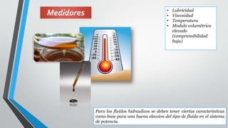 Medidores
Para los fluidos hidraulicos se deben tener ciertas caracteristicas
como base para una buena eleccion del tipo de fluido en el sistema
de potencia.
• Lubricidad
• Viscosidad
• Temperatura
• Modulo volumétrico
elevado
(comprensibilidad
baja)
 