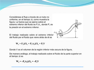Considérese el flujo a través de un tubo no
uniforme, en el tiempo ∆t, como muestra la
figura. La fuerza que se ejerce sobre el
extremo inferior del fluido es P1A1, donde P1 es
la presión en el extremo inferior.


El trabajo realizado sobre el extremo inferior
del fluido por el fluido que viene atrás de él es


       W1 = F1∆X1 = P1A1∆X1 = P1V

Donde V es el volumen de la región inferior más oscura de la figura.

De manera análoga, el trabajo realizado sobre el fluido de la parte superior en
el tiempo ∆t es

       W2 = –P2A2∆ X2 = –P2V
 
