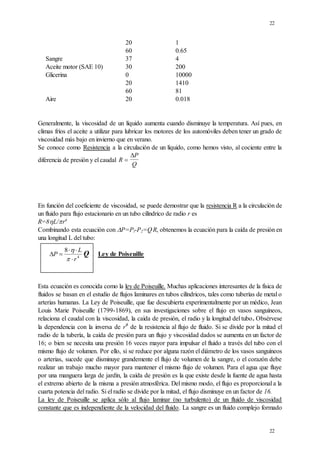 22
22
20 1
60 0.65
Sangre 37 4
Aceite motor (SAE 10) 30 200
Glicerina 0 10000
20 1410
60 81
Aire 20 0.018
Generalmente, la viscosidad de un líquido aumenta cuando disminuye la temperatura. Así pues, en
climas fríos el aceite a utilizar para lubricar los motores de los automóviles deben tener un grado de
viscosidad más bajo en invierno que en verano.
Se conoce como Resistencia a la circulación de un líquido, como hemos visto, al cociente entre la
diferencia de presión y el caudal R
P
Q


En función del coeficiente de viscosidad, se puede demostrar que la resistencia R a la circulación de
un fluido para flujo estacionario en un tubo cilíndrico de radio r es
R=8L/r4
Combinando esta ecuación con P=Pl-P2=Q.
R, obtenemos la ecuación para la caída de presión en
una longitud L del tubo:
Ley de Poiseuille
Esta ecuación es conocida como la ley de Poiseuille. Muchas aplicaciones interesantes de la física de
fluidos se basan en el estudio de flujos laminares en tubos cilíndricos, tales como tuberías de metal o
arterias humanas. La Ley de Poiseuille, que fue descubierta experimentalmente por un médico, Jean
Louis Marie Poiseuille (1799-1869), en sus investigaciones sobre el flujo en vasos sanguíneos,
relaciona el caudal con la viscosidad, la caída de presión, el radio y la longitud del tubo. Obsérvese
la dependencia con la inversa de r4
de la resistencia al flujo de fluido. Si se divide por la mitad el
radio de la tubería, la caída de presión para un flujo y viscosidad dados se aumenta en un factor de
16; o bien se necesita una presión 16 veces mayor para impulsar el fluido a través del tubo con el
mismo flujo de volumen. Por ello, si se reduce por alguna razón el diámetro de los vasos sanguíneos
o arterias, sucede que disminuye grandemente el flujo de volumen de la sangre, o el corazón debe
realizar un trabajo mucho mayor para mantener el mismo flujo de volumen. Para el agua que fluye
por una manguera larga de jardín, la caída de presión es la que existe desde la fuente de agua hasta
el extremo abierto de la misma a presión atmosférica. Del mismo modo, el flujo es proporcional a la
cuarta potencia del radio. Si el radio se divide por la mitad, el flujo disminuye en un factor de 16.
La ley de Poiseuille se aplica sólo al flujo laminar (no turbulento) de un fluido de viscosidad
constante que es independiente de la velocidad del fluido. La sangre es un fluido complejo formado
4
8
r
L
P







Q
 
