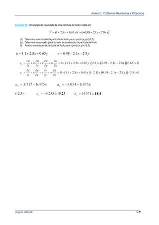 Anexo C: Problemas Resolvidos e Propostos
Jorge A. Villar Alé C-41
Exemplo 10: Um campo de velocidade de uma partícula de fluido é dada por:
jyxiyxV ˆ)8,21,298,0(ˆ)65,08,21( −−−+++=
r
(d) Determine a velocidade da partícula de fluido para o ponto (x,y)= (-2,3)
(e) Determine a expressão geral do vetor de aceleração da partícula de fluido.
(f) Avalia a aceleração da partícula de fluido para o ponto (x,y)= (-2,3)
 