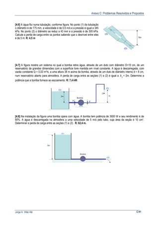 Anexo C: Problemas Resolvidos e Propostos
Jorge A. Villar Alé C-91
[4.6] A água flui numa tubulação, conforme figura. No ponto (1) da tubulação
o diâmetro é de 175 mm, a velocidade é de 0,6 m/s e a pressão é igual a 345
kPa. No ponto (2) o diâmetro se reduz a 43 mm e a pressão é de 300 kPa.
Calcule a perda de carga entre os pontos sabendo que o desnível entre eles
é de 5 m. R: 4,5 m
[4.7] A figura mostra um sistema no qual a bomba retira água, através de um duto com diâmetro D=10 cm, de um
reservatório de grandes dimensões com a superfície livre mantida em nível constante. A água é descarregada, com
vazão constante Q = 0,02 m³/s, a uma altura 38 m acima da bomba, através de um duto de diâmetro interno d = 8 cm,
num reservatório aberto para atmosfera. A perda de carga entra as seções (1) e (2) é igual a ph = 2m. Determine a
potência que a bomba fornece ao escoamento. R: 7,4 kW.
[4.8] Na instalação da figura uma bomba opera com água. A bomba tem potência de 3600 W e seu rendimento é de
80%. A água é descarregada na atmosfera a uma velocidade de 5 m/s pelo tubo, cuja área da seção é 10 cm2.
Determinar a perda de carga entre as seções (1) e (2). R: 62,4 m.
 