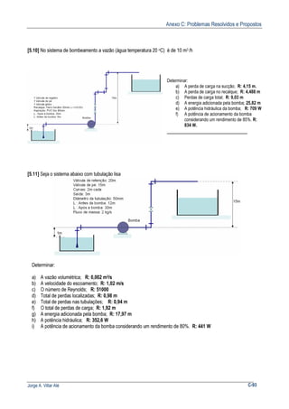 Anexo C: Problemas Resolvidos e Propostos
Jorge A. Villar Alé C-93
[5.10] No sistema de bombeamento a vazão (água temperatura 20 oC) é de 10 m3 /h
Determinar:
a) A perda de carga na sucção; R: 4,15 m.
b) A perda de carga no recalque; R: 4,488 m
c) Perdas de carga total; R: 9,03 m
d) A energia adicionada pela bomba; 25,82 m
e) A potência hidráulica da bomba; R: 709 W
f) A potência de acionamento da bomba
considerando um rendimento de 85%. R:
834 W.
[5.11] Seja o sistema abaixo com tubulação lisa
Determinar:
a) A vazão volumétrica; R: 0,002 m3/s
b) A velocidade do escoamento; R: 1,02 m/s
c) O número de Reynolds; R: 51000
d) Total de perdas localizadas; R: 0,98 m
e) Total de perdas nas tubulações; R: 0,94 m
f) O total de perdas de carga; R: 1,92 m
g) A energia adicionada pela bomba; R: 17,97 m
h) A potência hidráulica; R: 352,6 W
i) A potência de acionamento da bomba considerando um rendimento de 80%. R: 441 W
 
