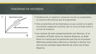  Tendencia de un material a conservar una de sus propiedades,
en ausencia del estimulo que la ha generado
 Otra característica de los tixotrópicos es que cuando se la aplica
una tensión tangencial creciente, dan un curva cerrada similar a
un lazo de histéresis
 Las razones de este comportamiento son diversas. Si se
considera al fluido como un sistema disperso, se debe
tener en cuenta que las partículas que hay en él poseen
diferentes potenciales eléctricos y tienden a formar tres
estructuras variadas dependiendo de cómo sea la fase
dispersa.
FENOMENO DE HISTERESIS
 