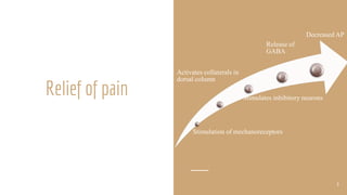 Relief of pain
Stimulation of mechanoreceptors
Activates collaterals in
dorsal column
Stimulates inhibitory neurons
Release of
GABA
Decreased AP
9
 